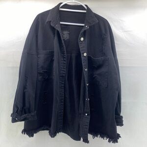 Women's Black 2XL Distressed Button Down Jean Shirt